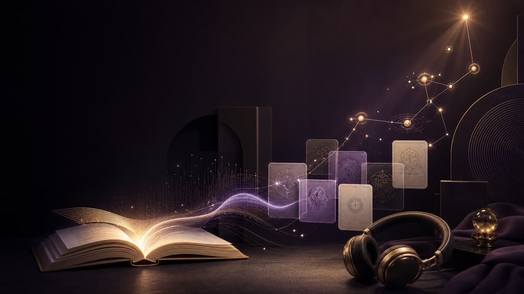 An open glowing book transforming into sound waves and connected knowledge cards beside headphones